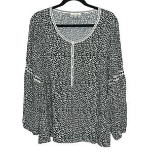 Max Studio Black White Floral Balloon Sleeve Blouse Scoop Neck Babydoll Artsy 2X